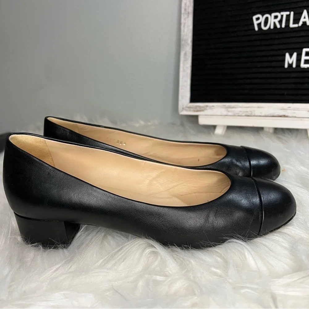 Chanel Black Lambskin Leather Pearl CC Logo Round Toe Low Block Heel Pump - 36C